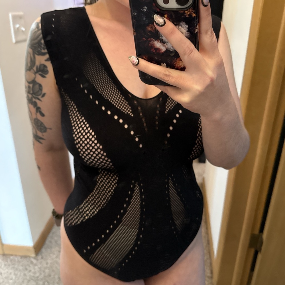 Laseta Black reversible mesh bodysuit with cut out details tag size L/XL